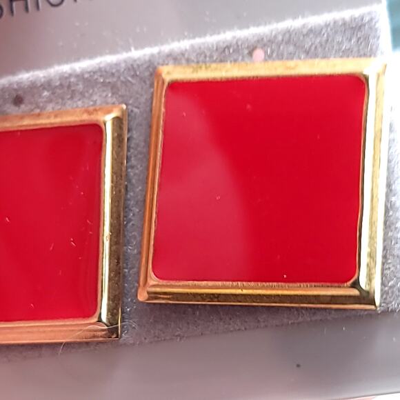 Red Square Stud Earrings with Gold Trim, Bold Retro Statement Jewelry for Women - Picture 5 of 10